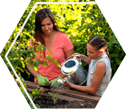 A student uses a watering can to sprinkle water on a planting bed.